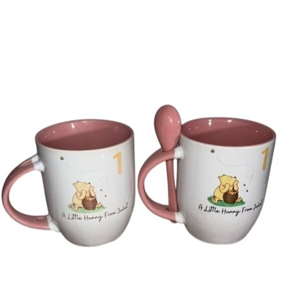 Winnie The Pooh Mug Set With Spoon - Pink & White Ceramic Cups For Kids